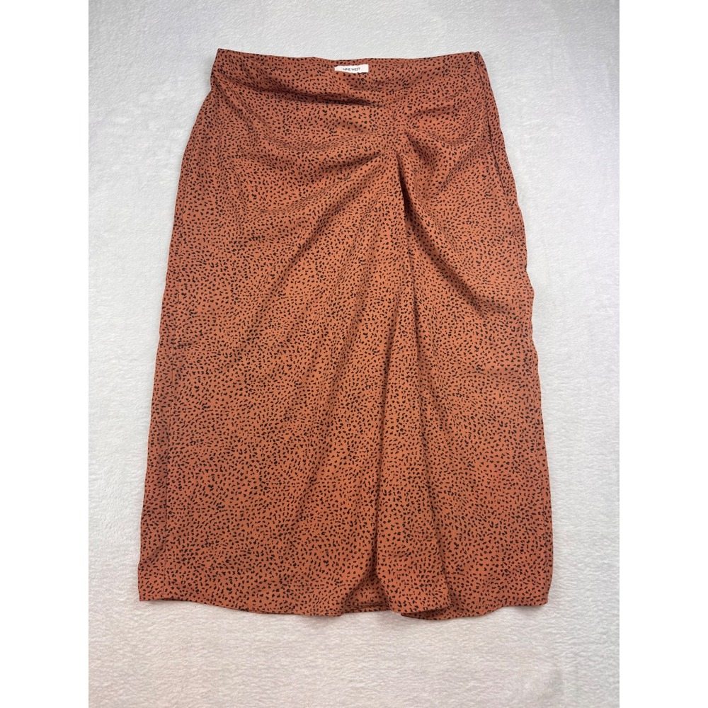 Nine West Rust Orange Black Animal Print Ruched Front Midi Skirt Womens Small
